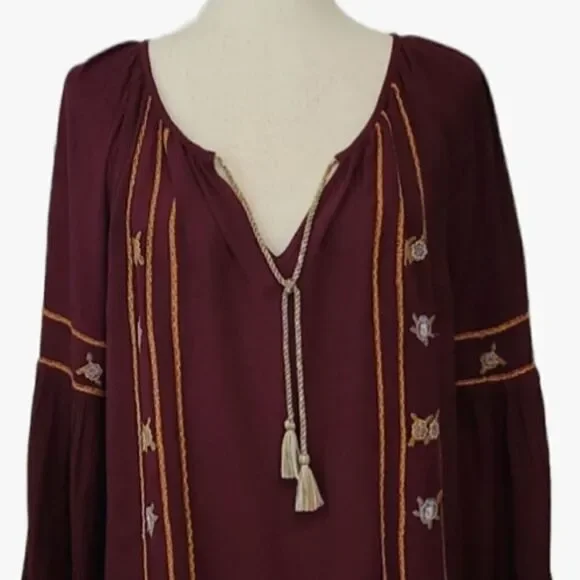 Hippie Laundry Maroon Embroidered Split Neck Ballon Sleeve Pheasant Blouse M - Picture 7 of 12